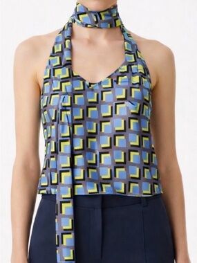 Wildfang Geometric Satin V-Neck Cami in Light Gray and Green Size Medium